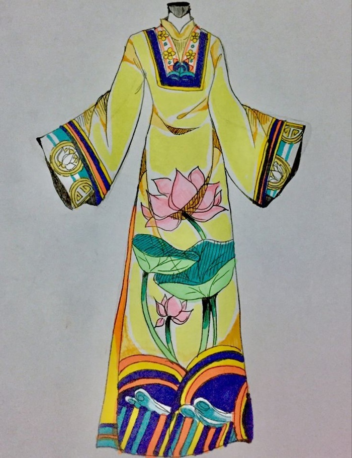 trang trí áo dài màu vàng hoa sen
