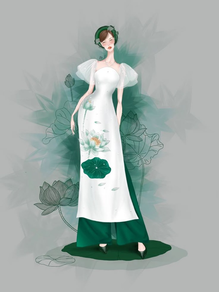trang trí áo dài màu xanh trắng