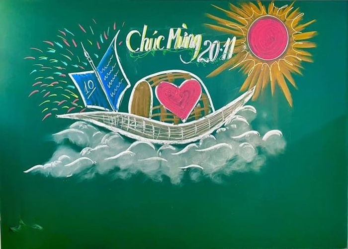trang trí bảng 20_11 thuyền và mặt trời hồng