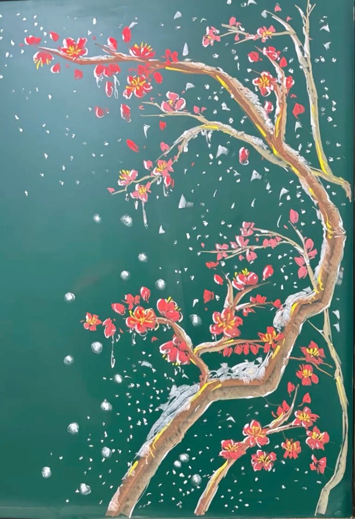trang trí bảng cành đào
