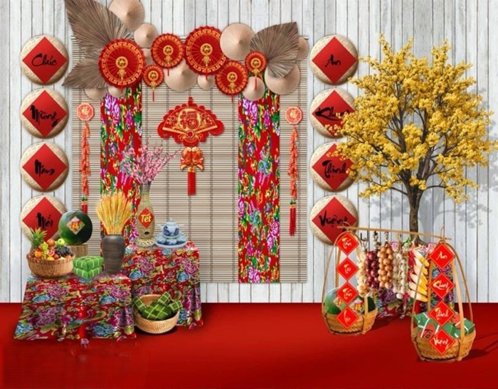 trang trí gian hàng tết cây mai