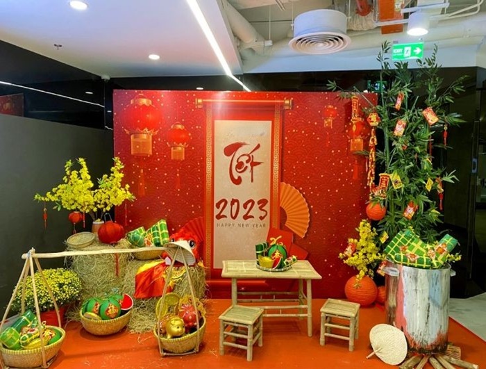 trang trí gian hàng tết gánh hoa quả
