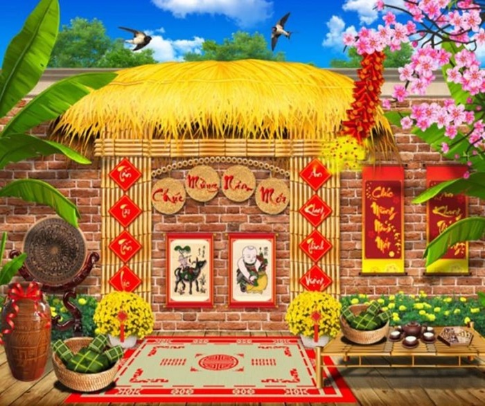 trang trí gian hàng tết nahf rơm vàng