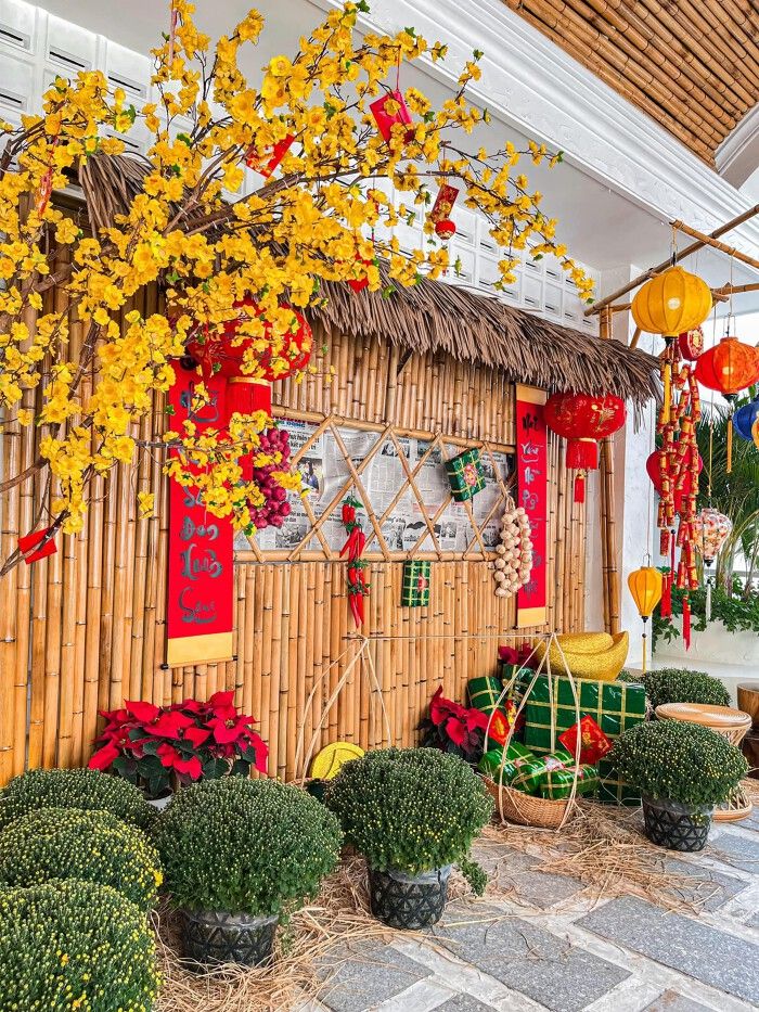 trang trí gian hàng tết nhà lá cây mai câu đối