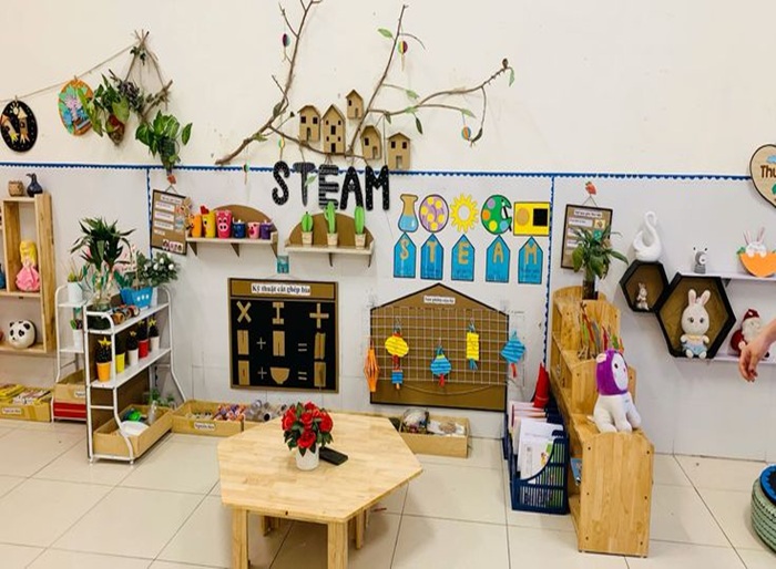 trang trí lớp nhà trẻ 24-36 tháng steam cạnh tường ngang