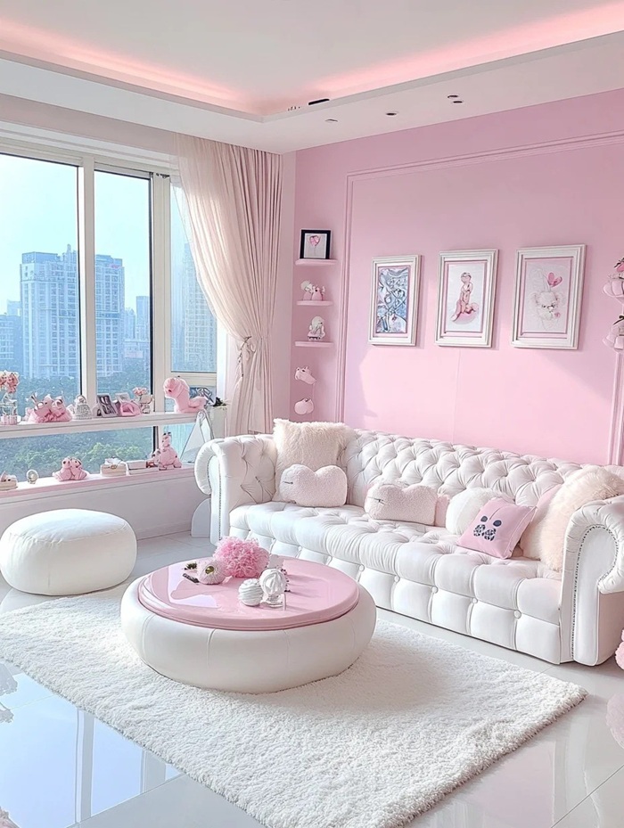 trang trí phòng khách đẹp trắng hồng nhẹ nhàng
