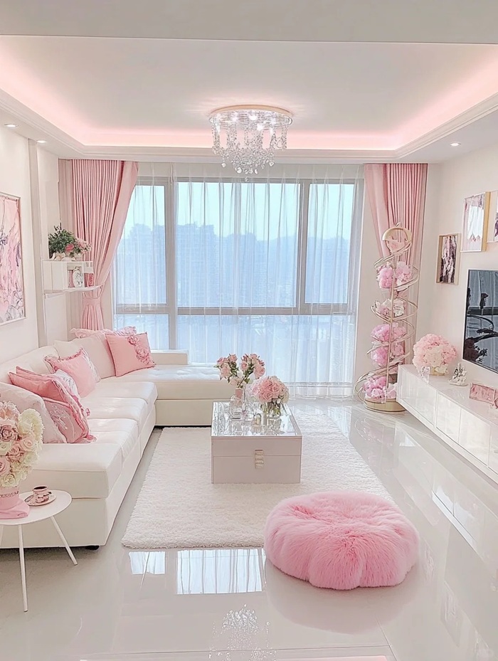 trang trí phòng khách đẹp trắng pha hồng