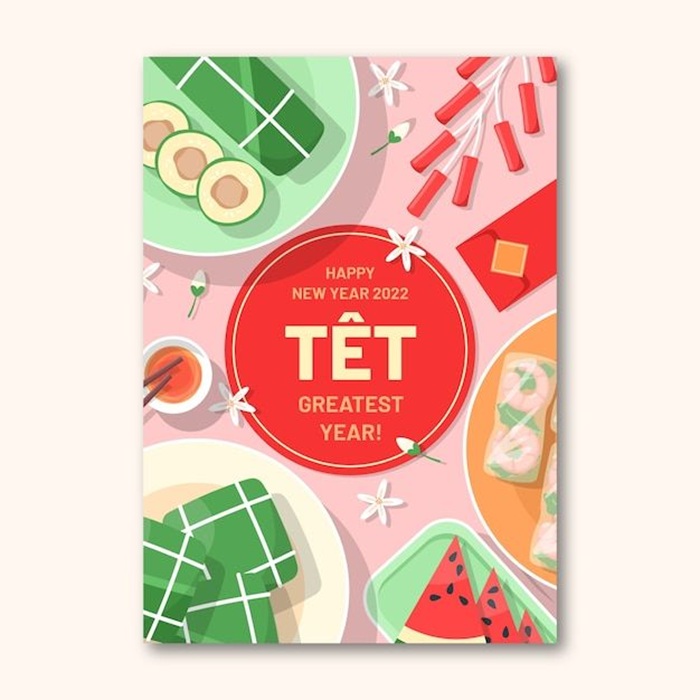 trang trí thiệp tết bánh trưng và pháo