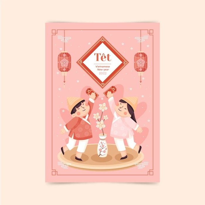 trang trí thiệp tết hai đứa trẻ