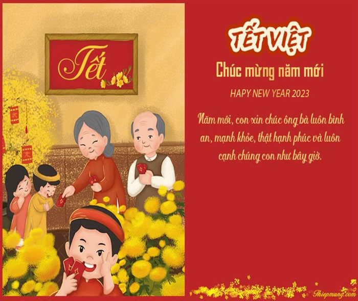 trang trí thiệp tết hoa mai và ông bà