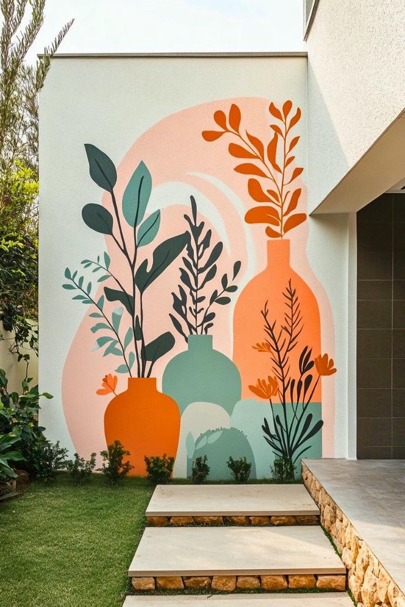 trang trí tường vẽ bình hoa