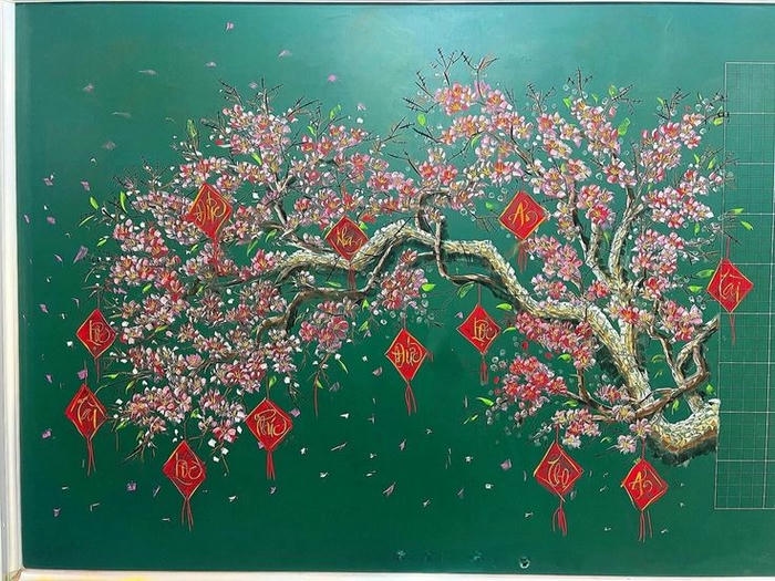 vẽ bảng trang trí tết cây hoa cheo lì xì