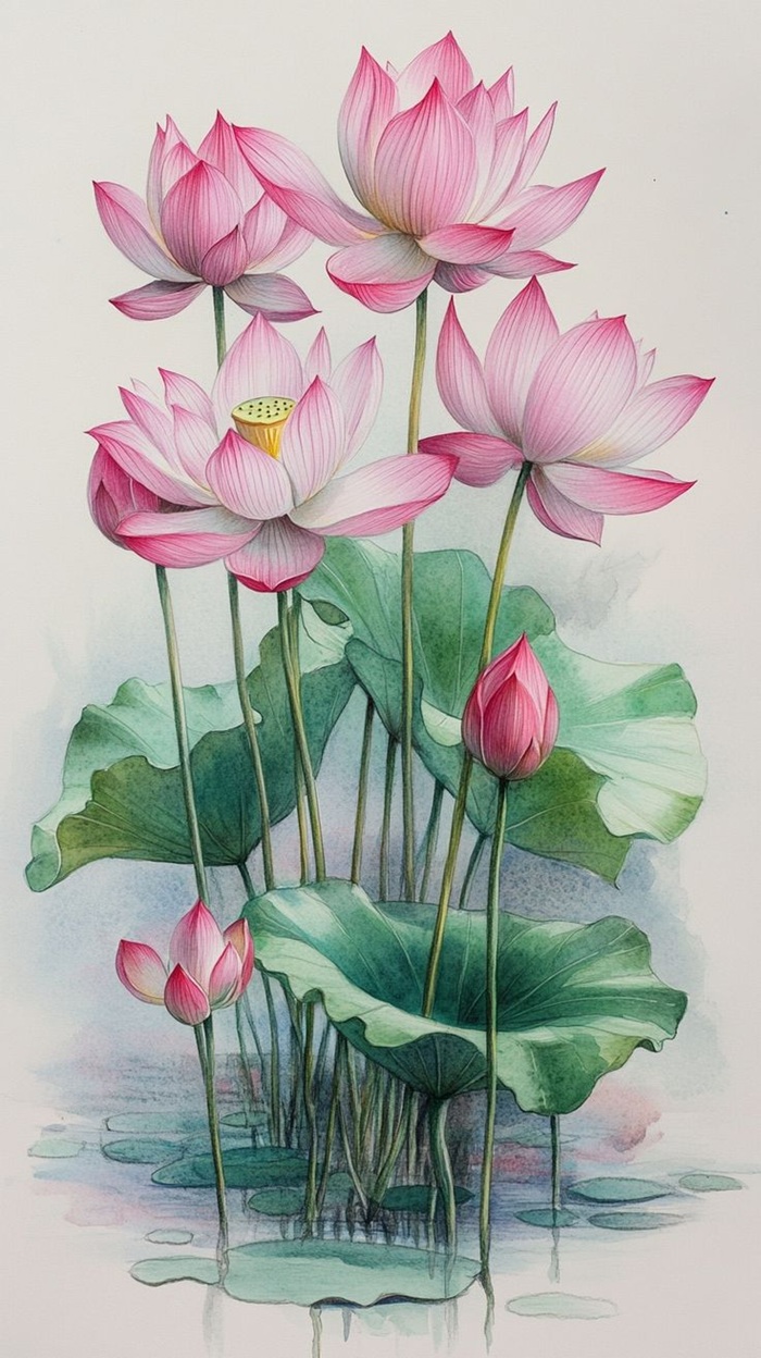 vẽ hoa trang trí hoa sen hồng