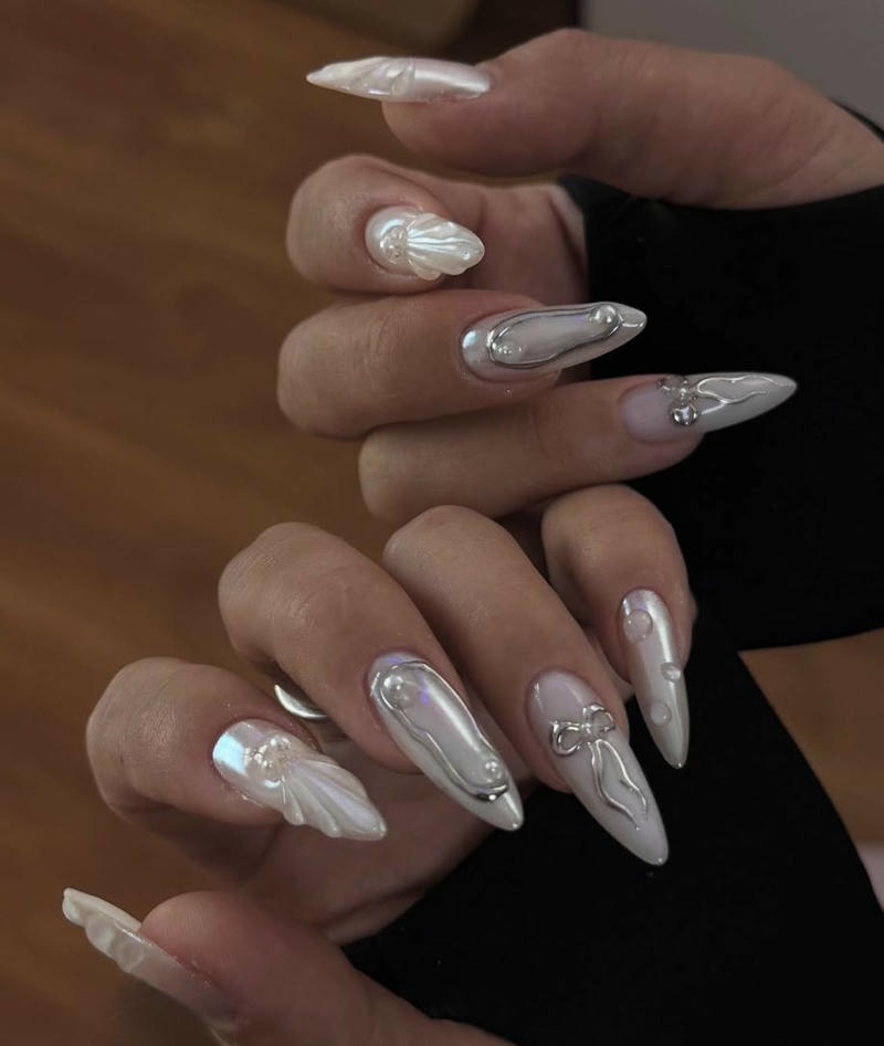 nail tay màu bạc cực long lanh